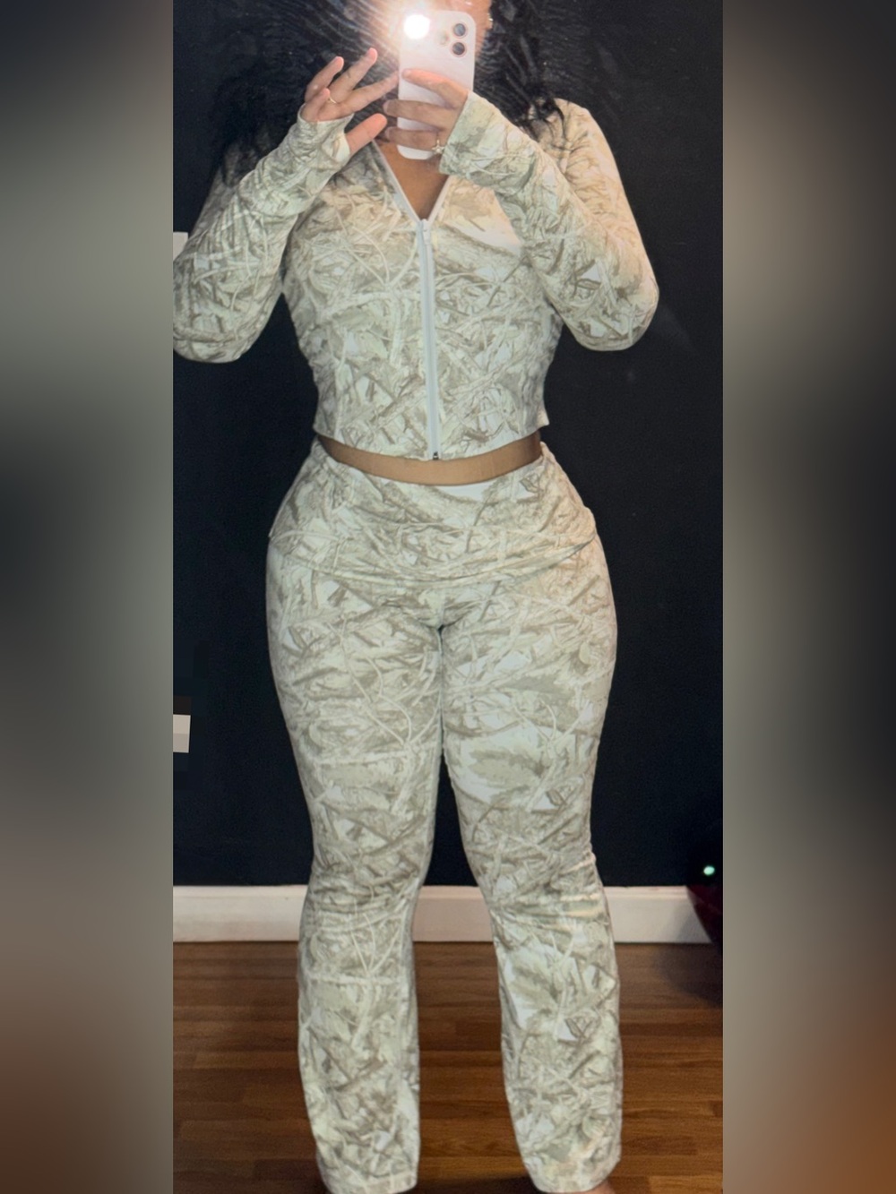 camo zip up jacket and yoga pants flare leggings set size M